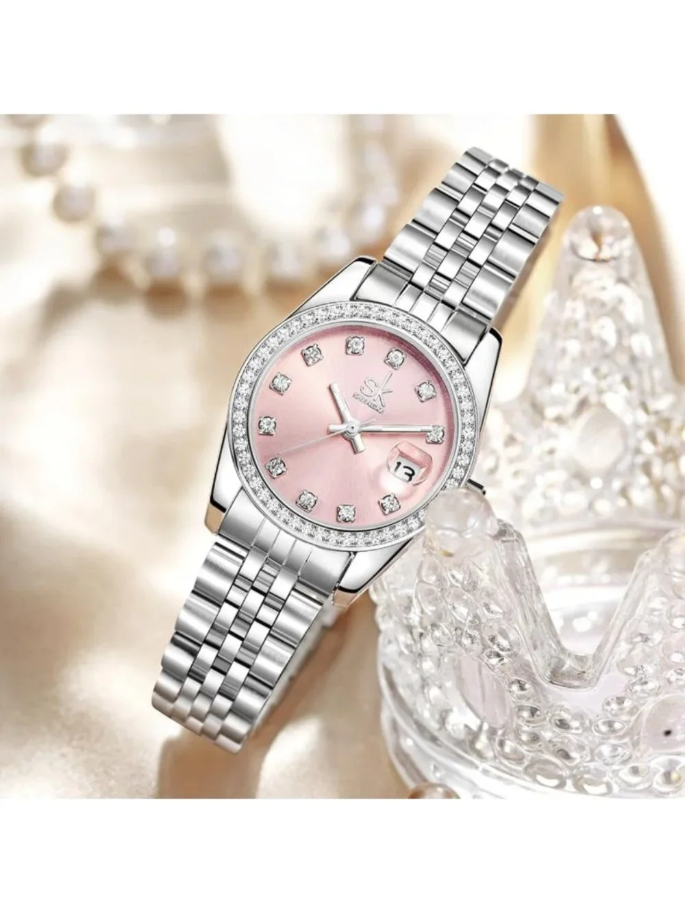 Elegant Crystal Accented Women's Calendar Watch - Stylish Timepiece for Any
